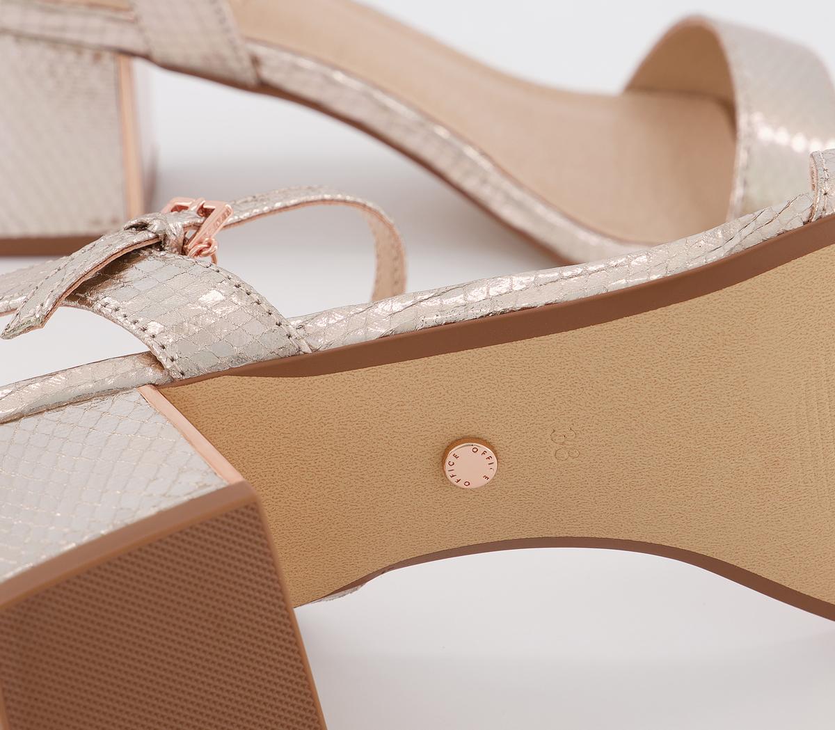 OFFICEMula Minimal Block Heel SandalsRose Gold Snake With Metal Plate