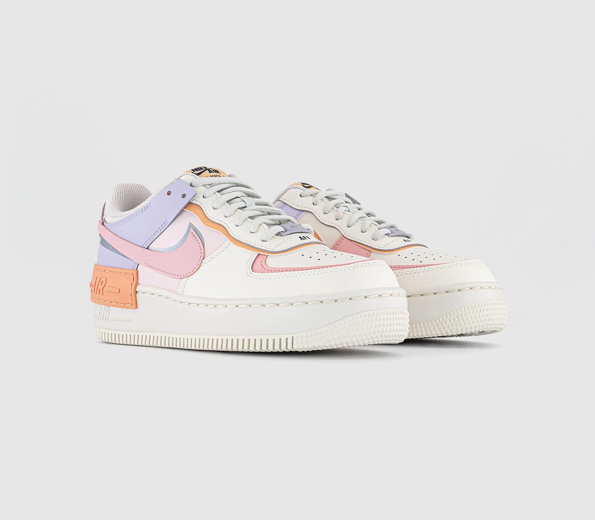 Nike Womens Air Force 1 Shadow Trainers Sail Pink Orange Chalk Obsidian Soft Barely G, 7