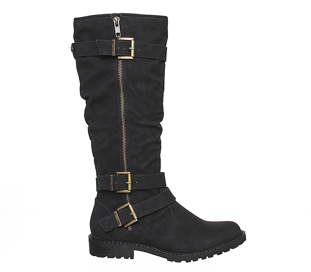 Office Kirsty Flat Buckle Knee Boots Black - Knee High Boots