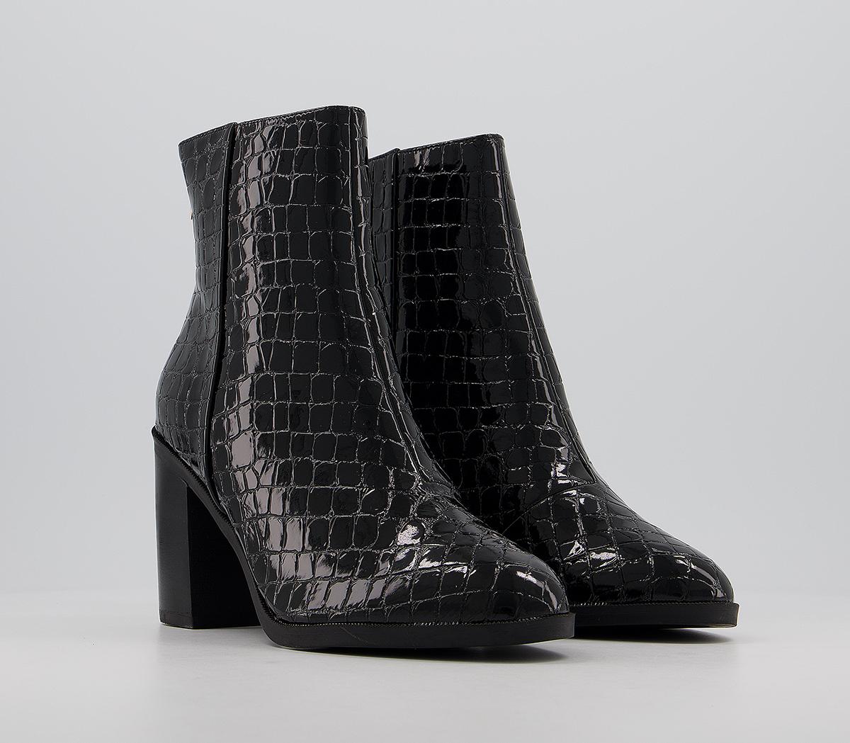 OFFICE Arden Back Zip Block Heel Boots Black Patent Croc - Women's ...