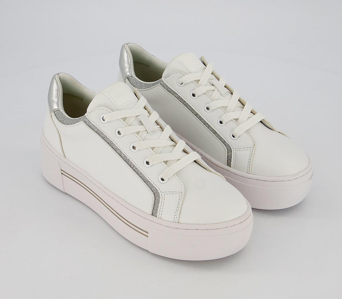 OFFICE Fhantom Flatform Lace Up Trainers White Silver Glitter - Flat ...