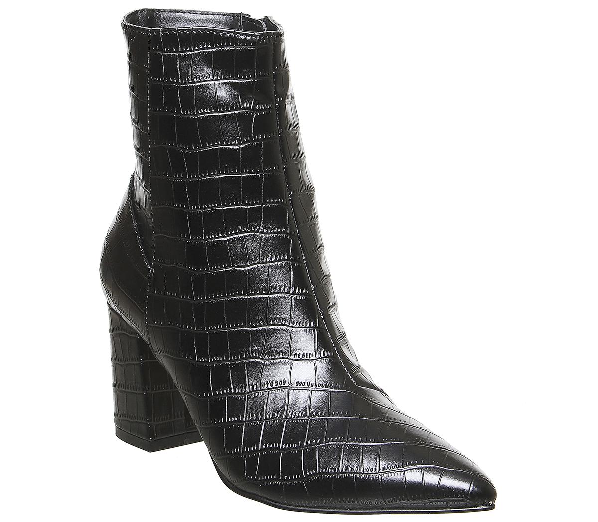 OFFICE Allure Pointed Block Heel Boots Black Croc - Women's Ankle Boots