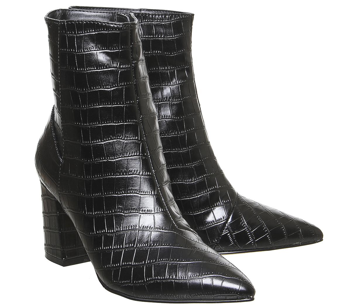 OFFICE Allure Pointed Block Heel Boots Black Croc - Women's Ankle Boots