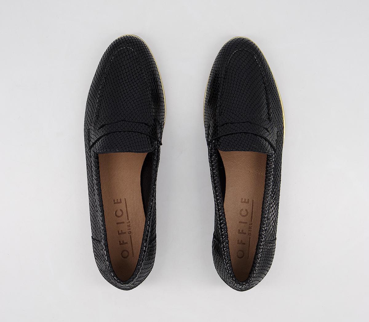 OFFICEFlutter LoafersBlack Snake Leather Gold Rand