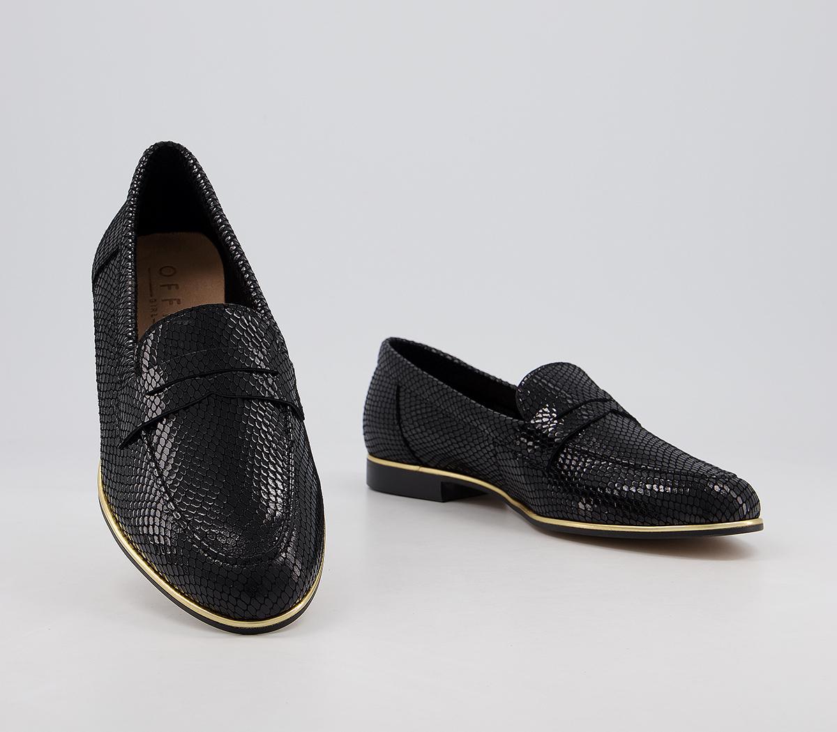 OFFICEFlutter LoafersBlack Snake Leather Gold Rand