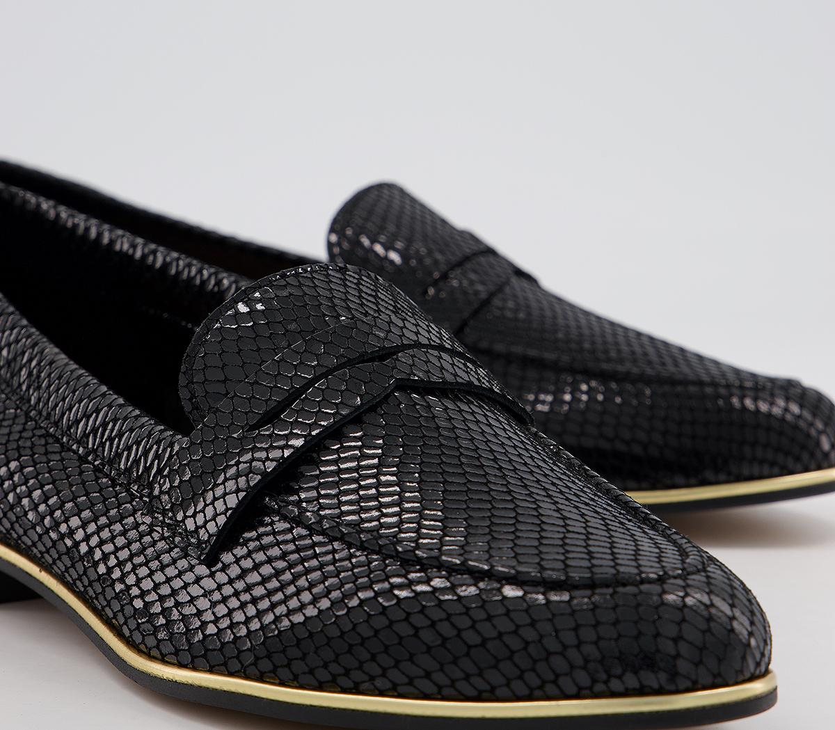 OFFICEFlutter LoafersBlack Snake Leather Gold Rand