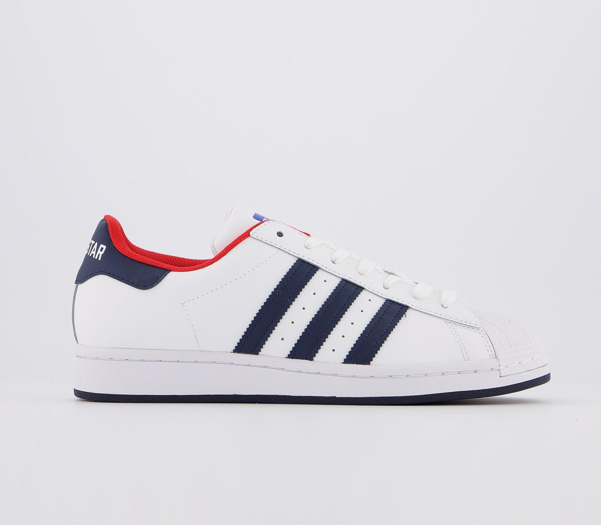 Superstar navy blue on sale and red stripes