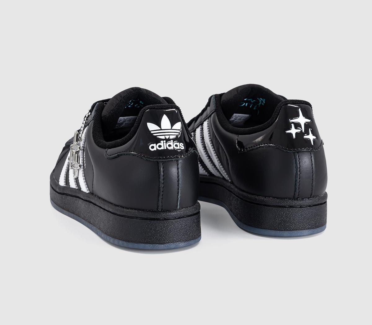 Drama Call x adidas Superstar II Black White heel view showing black patent heel panel and branding