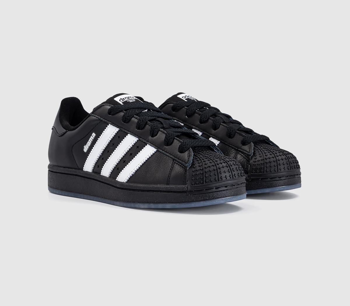 Drama Call x adidas Superstar II Black White JP8392 showing black leather upper with white patent Three Stripes and shell toe