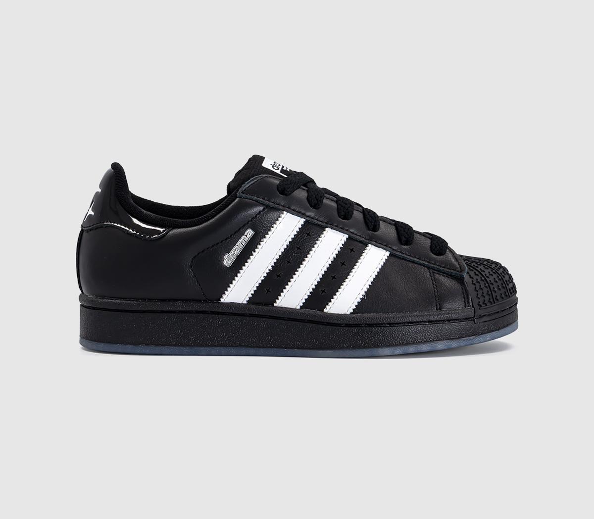 Drama Call x adidas Superstar II Black White side profile showing black leather upper and white patent Three Stripes