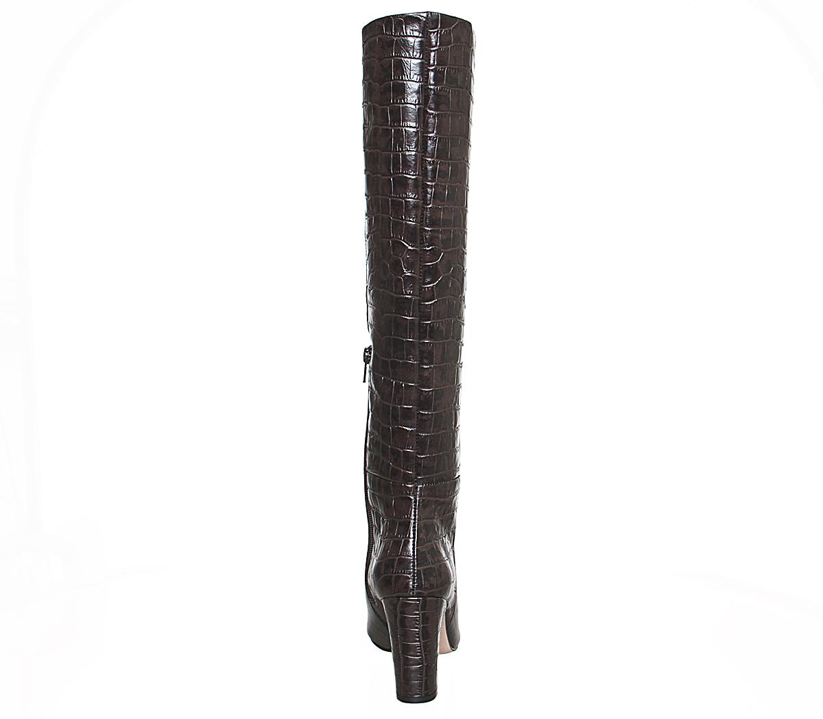 Office Karamel Block Heel Knee Boots Office Karamel Block Heel Knee Boots Brown Croc Leather