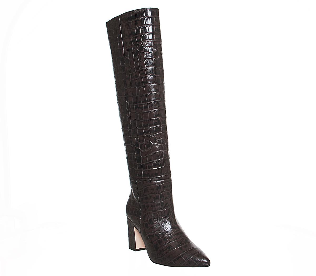 Office Karamel Block Heel Knee Boots Office Karamel Block Heel Knee Boots Brown Croc Leather