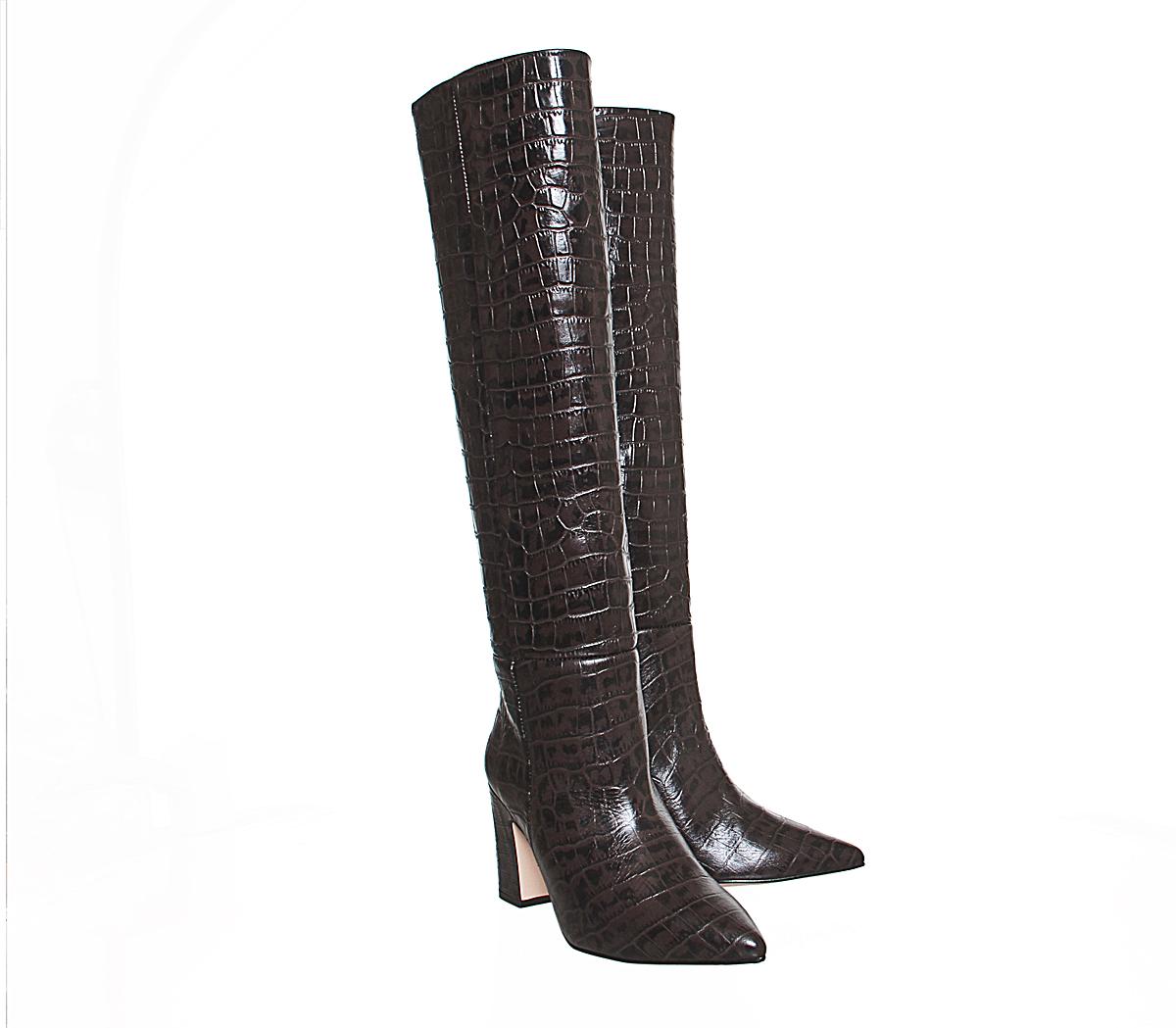 Office Karamel Block Heel Knee Boots Office Karamel Block Heel Knee Boots Brown Croc Leather
