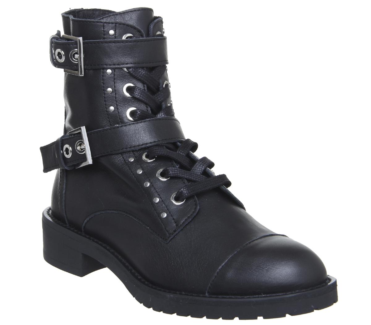 OFFICE Lace Up Buckle Boots Black Leather Silver Hardware