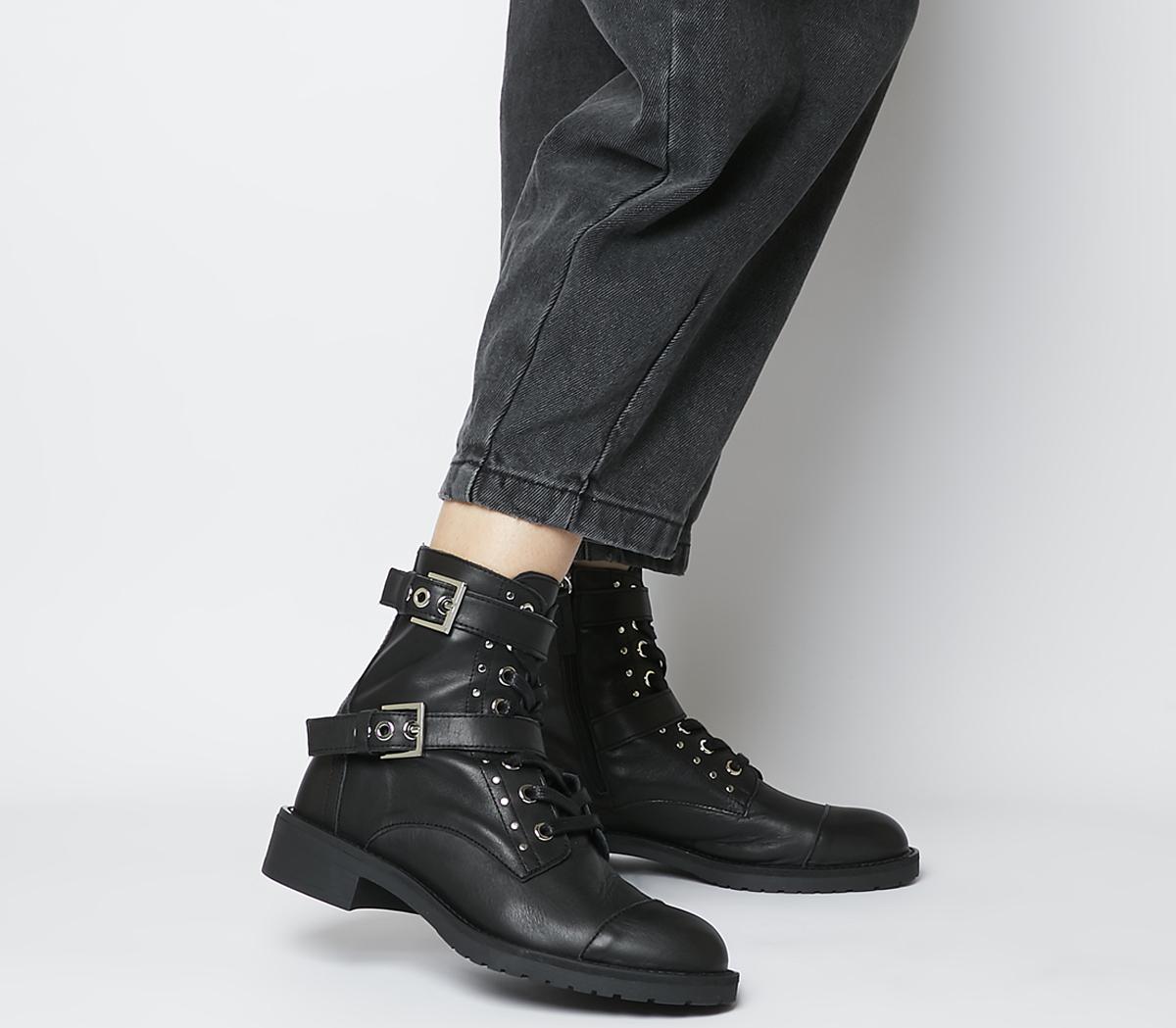 OFFICEAccomplice Lace Up Buckle BootsBlack Leather Silver Hardware