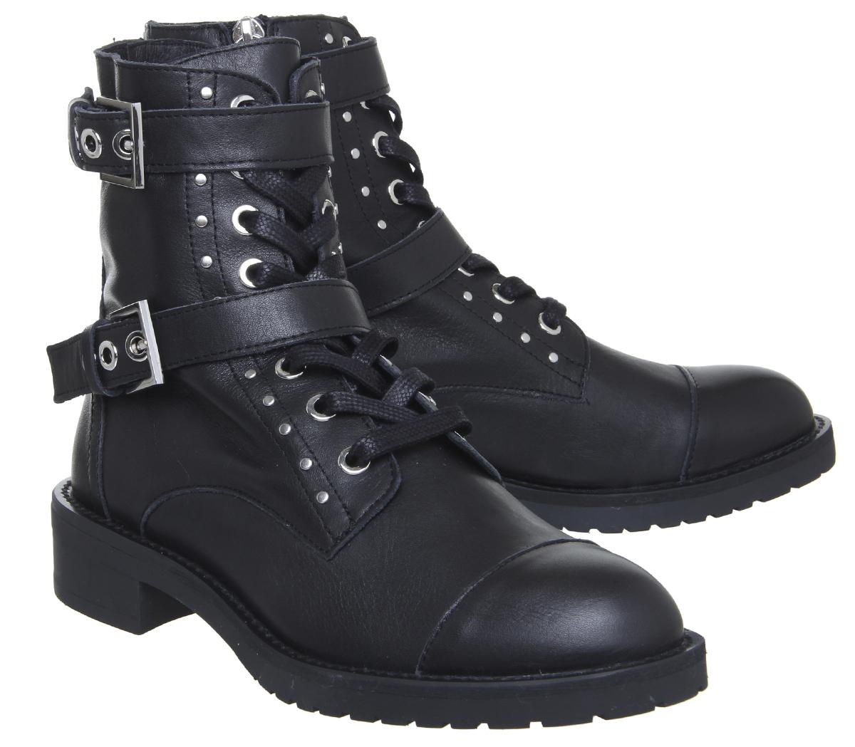 OFFICE Lace Up Buckle Boots Black Leather Silver Hardware