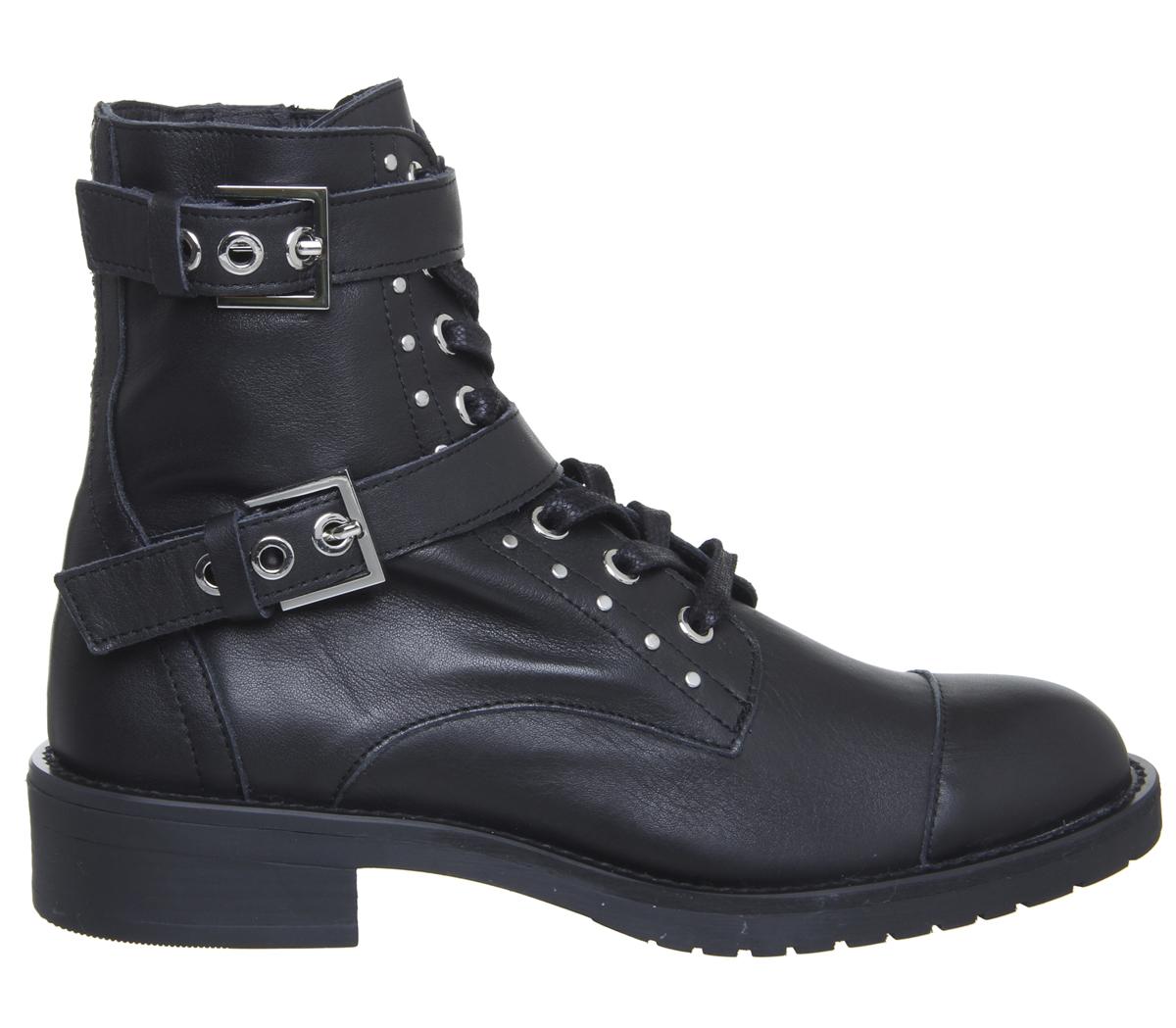 OFFICE Lace Up Buckle Boots Black Leather Silver Hardware