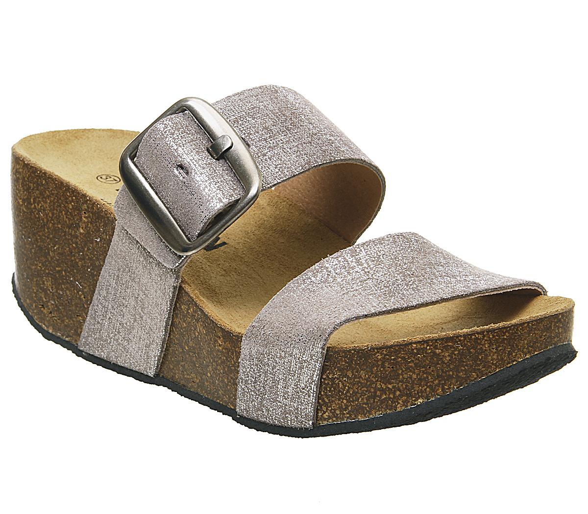 Plakton Double Strap Mule Wedges Plakton Double Strap Mule Wedges Metallic Suede