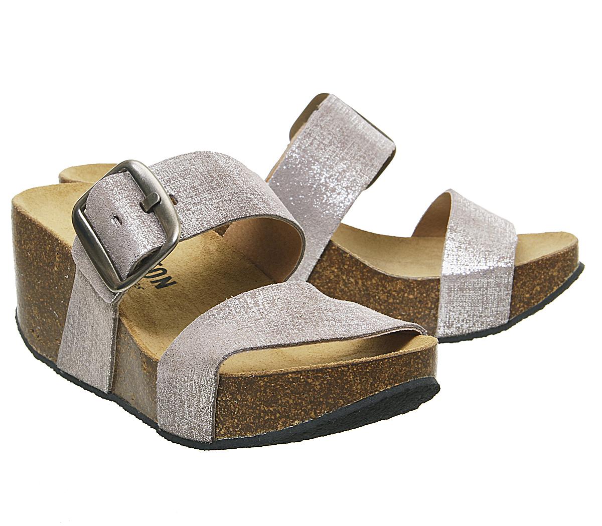 Plakton Double Strap Mule Wedges Plakton Double Strap Mule Wedges Metallic Suede