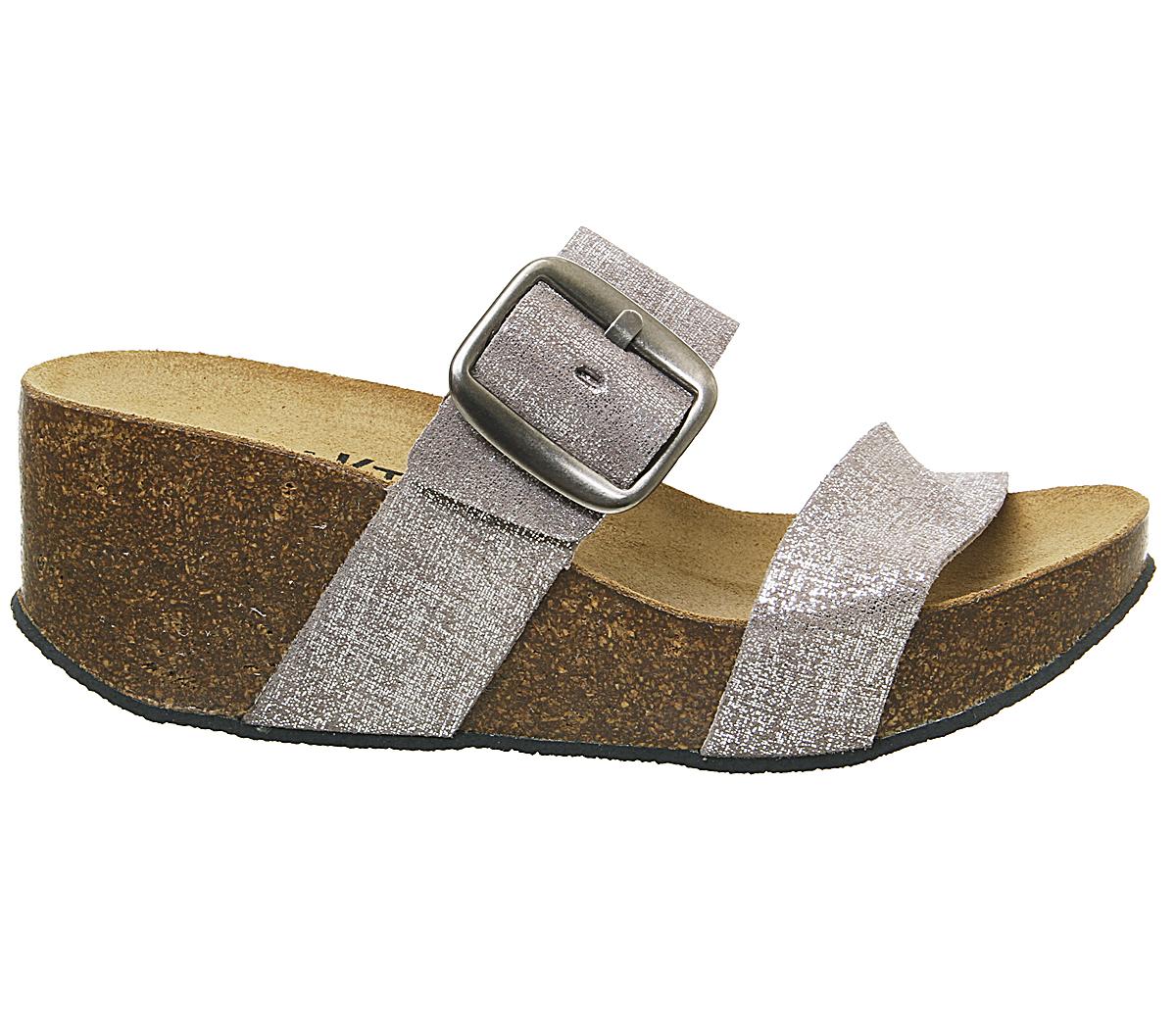 Plakton Double Strap Mule Wedges Plakton Double Strap Mule Wedges Metallic Suede