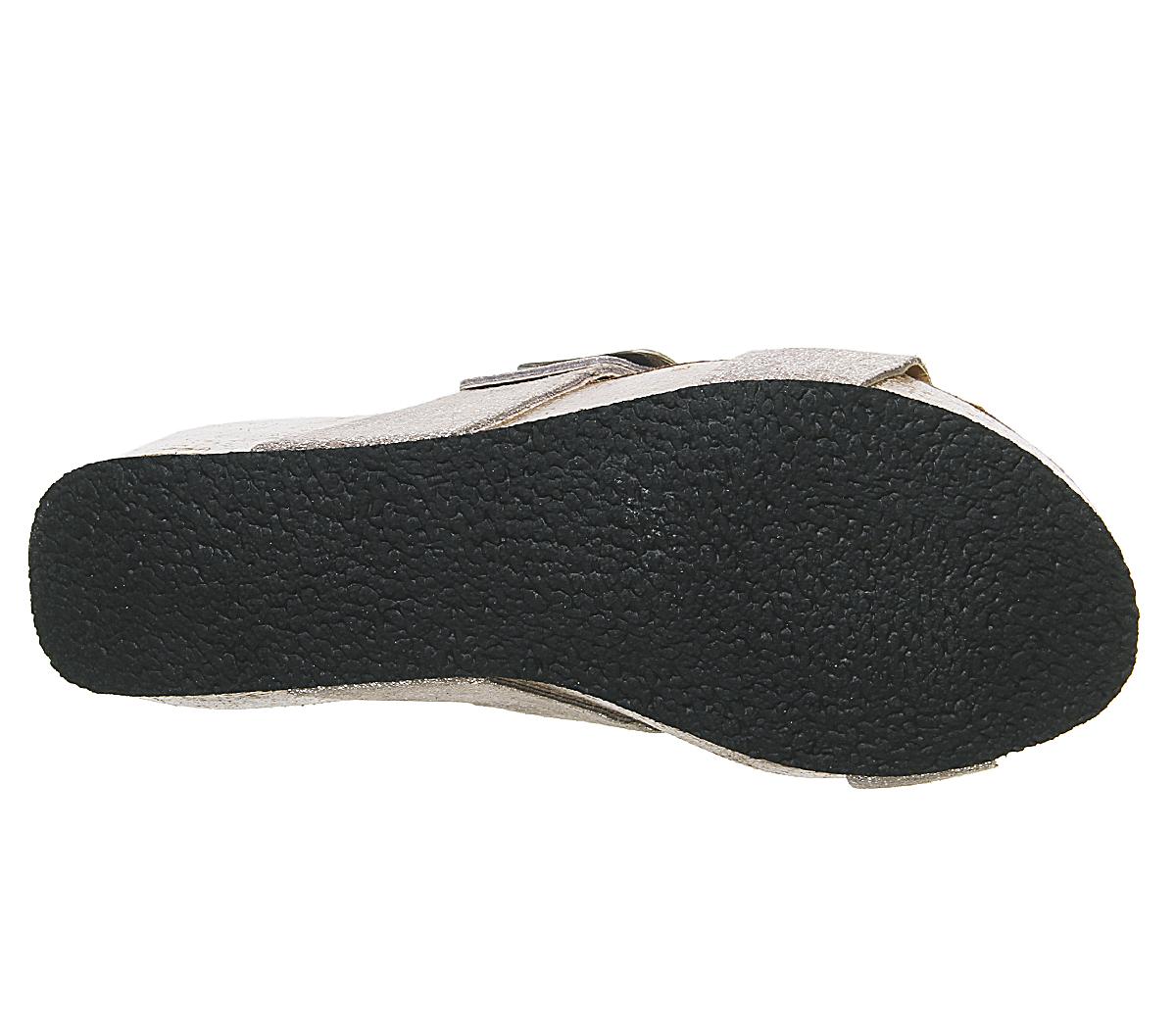 Plakton Double Strap Mule Wedges Plakton Double Strap Mule Wedges Metallic Suede