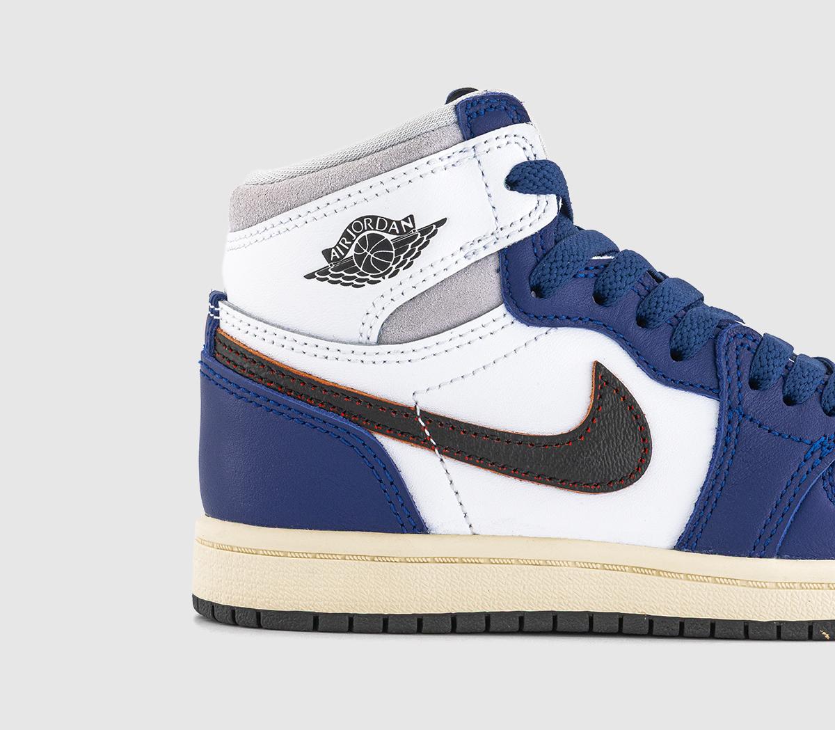 JordanJordan 1 Kids TrainersWhite Black Neutral Grey Deep Royal Blue