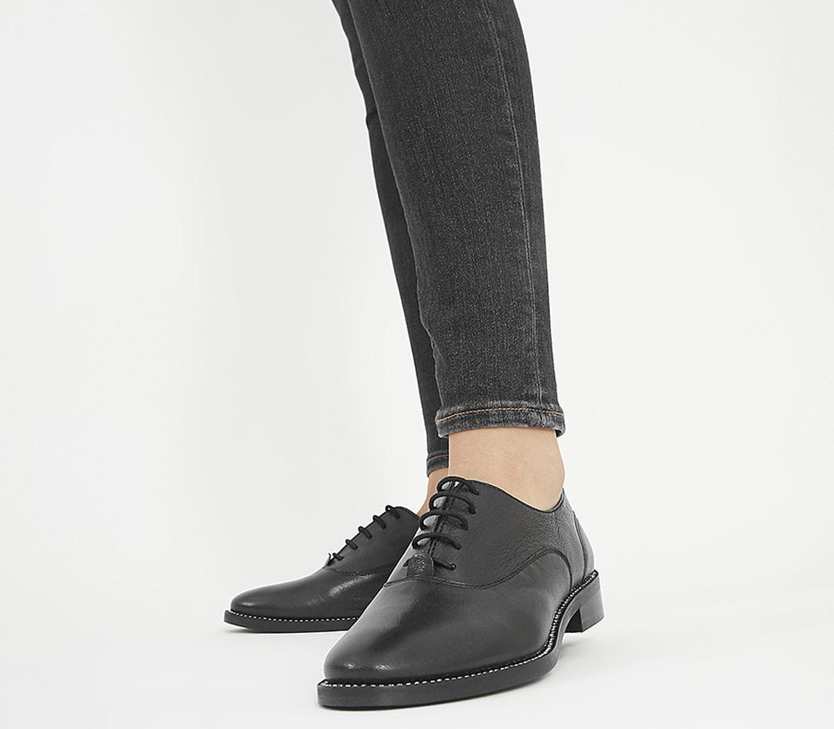 Office Flex Lace Up Flats Black Leather Diamante Rand - Flat Shoes For Women