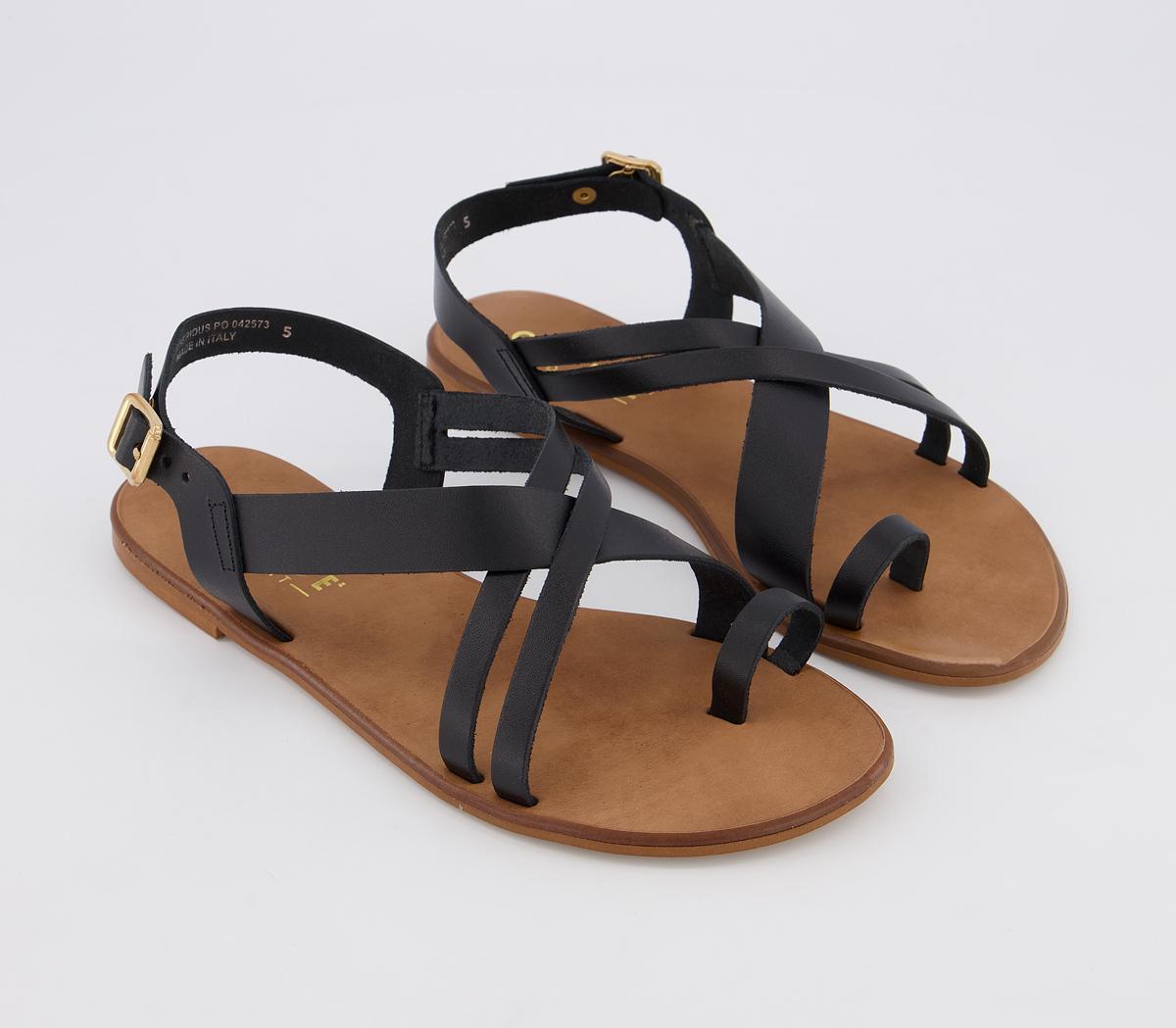 OFFICE Serious Tan Toe Loop Sandals Black Leather Women’s Sandals