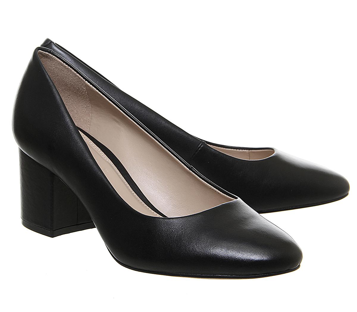 OFFICE Madge Round Toe Court Shoe Black Leather Mid Heels