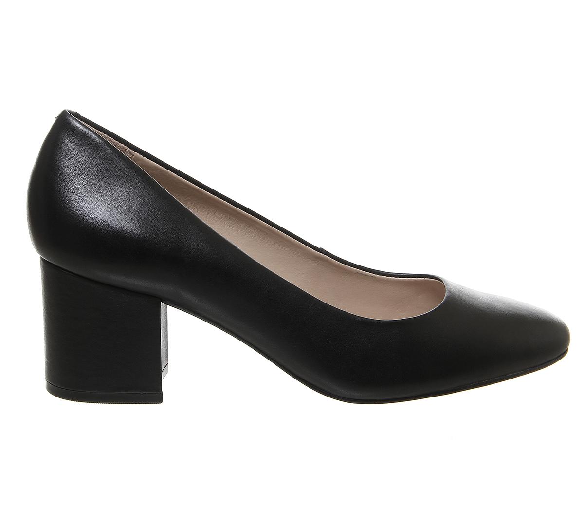 OFFICE Madge Round Toe Court Heels Black Leather Mid Heels