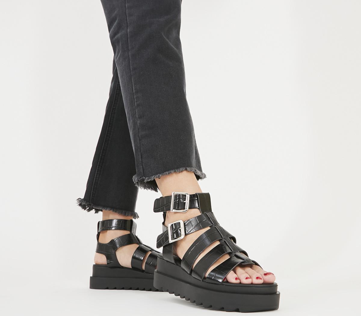 OFFICE Magnet Chunky Gladiator Sandal Black Croc Leather Mid Heels