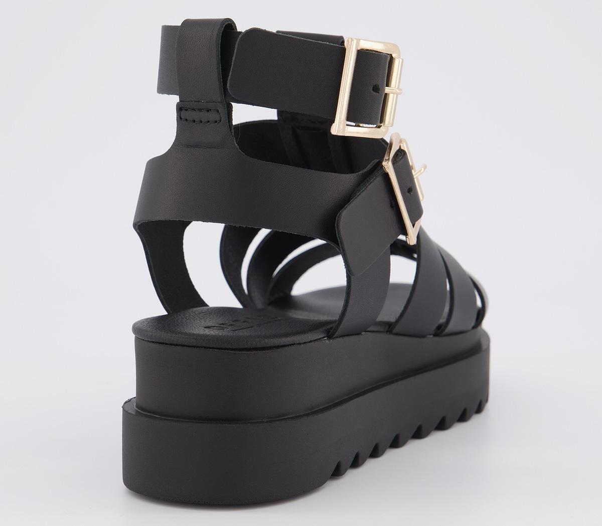 OFFICEMagnet Chunky Gladiator SandalsBlack Leather Gold Hardware