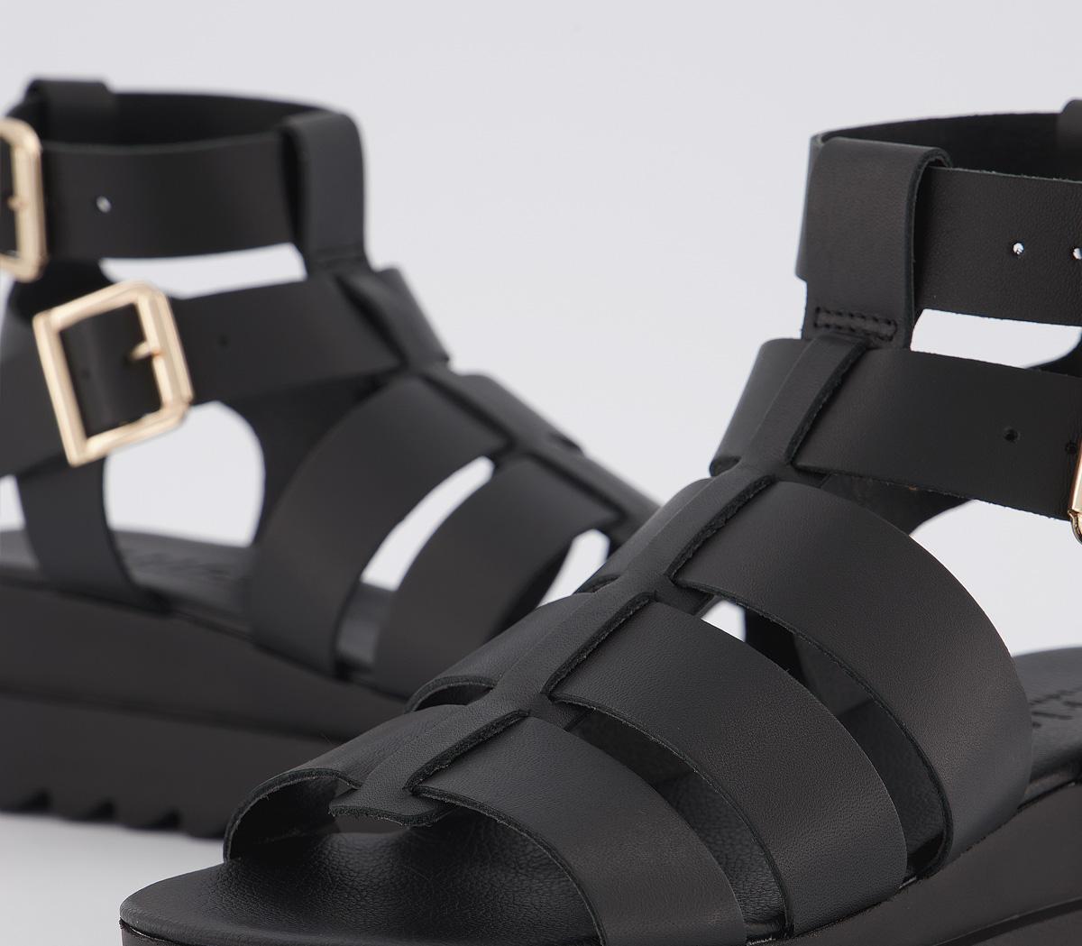 OFFICEMagnet Chunky Gladiator SandalsBlack Leather Gold Hardware