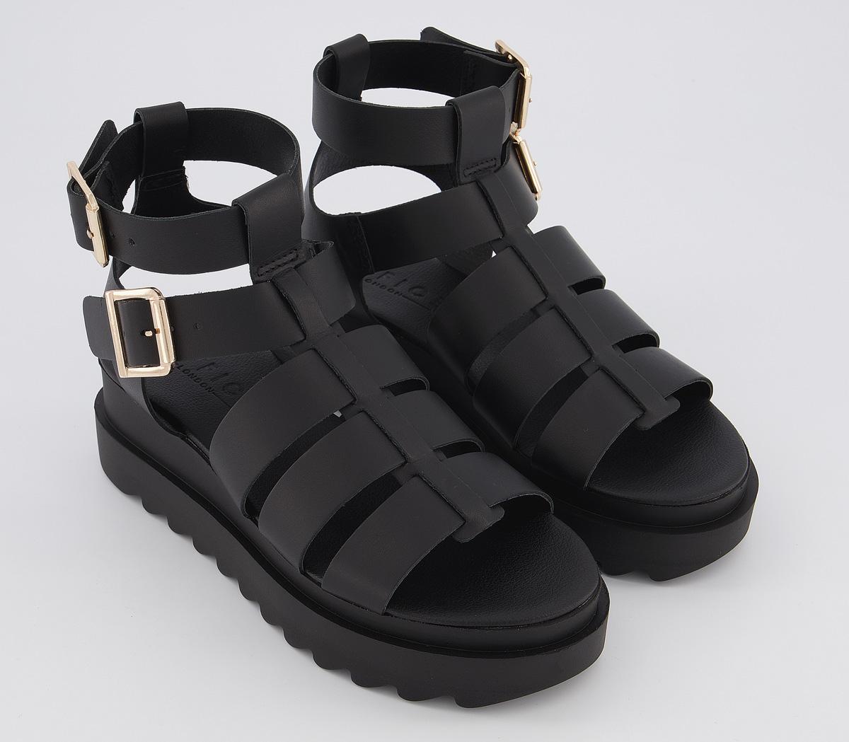 OFFICEMagnet Chunky Gladiator SandalsBlack Leather Gold Hardware