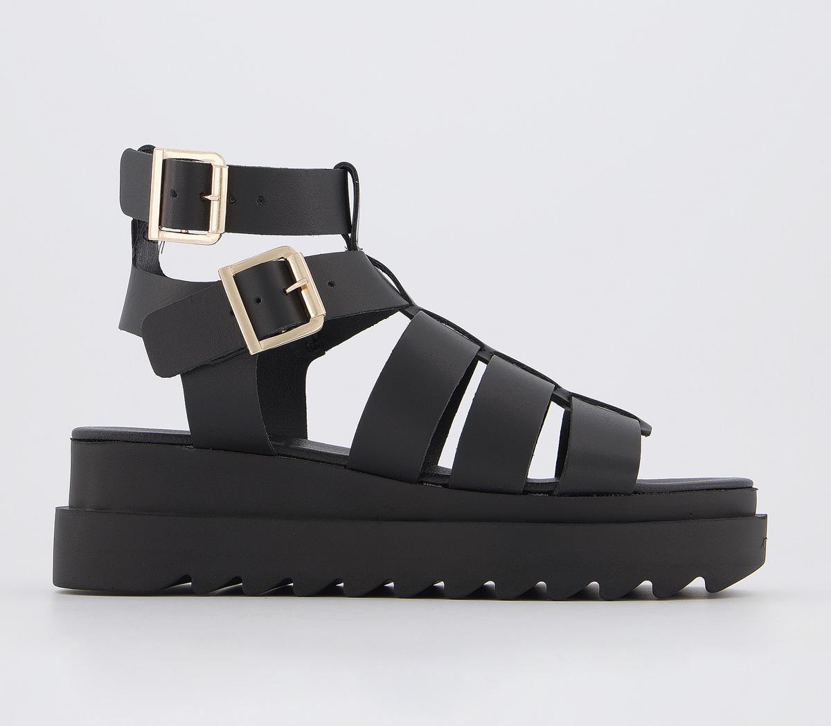 OFFICE Chunky Gladiator Sandal Black Leather Gold Hardware