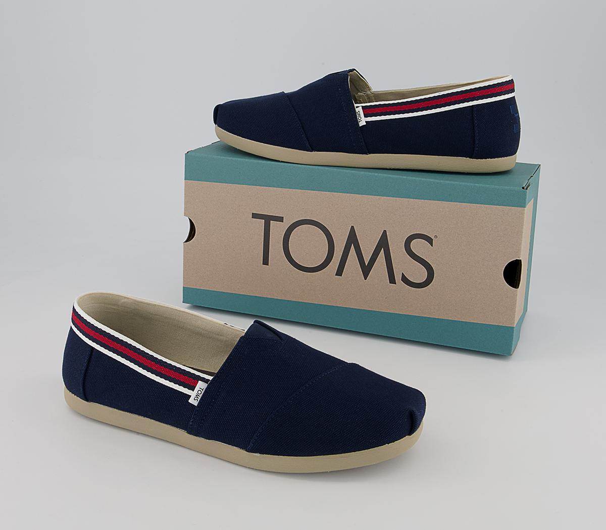 TOMS Toms Classic Alpargata Slip Ons TOMS Toms Classic Alpargata Slip Ons Navy Canvas Red Trim