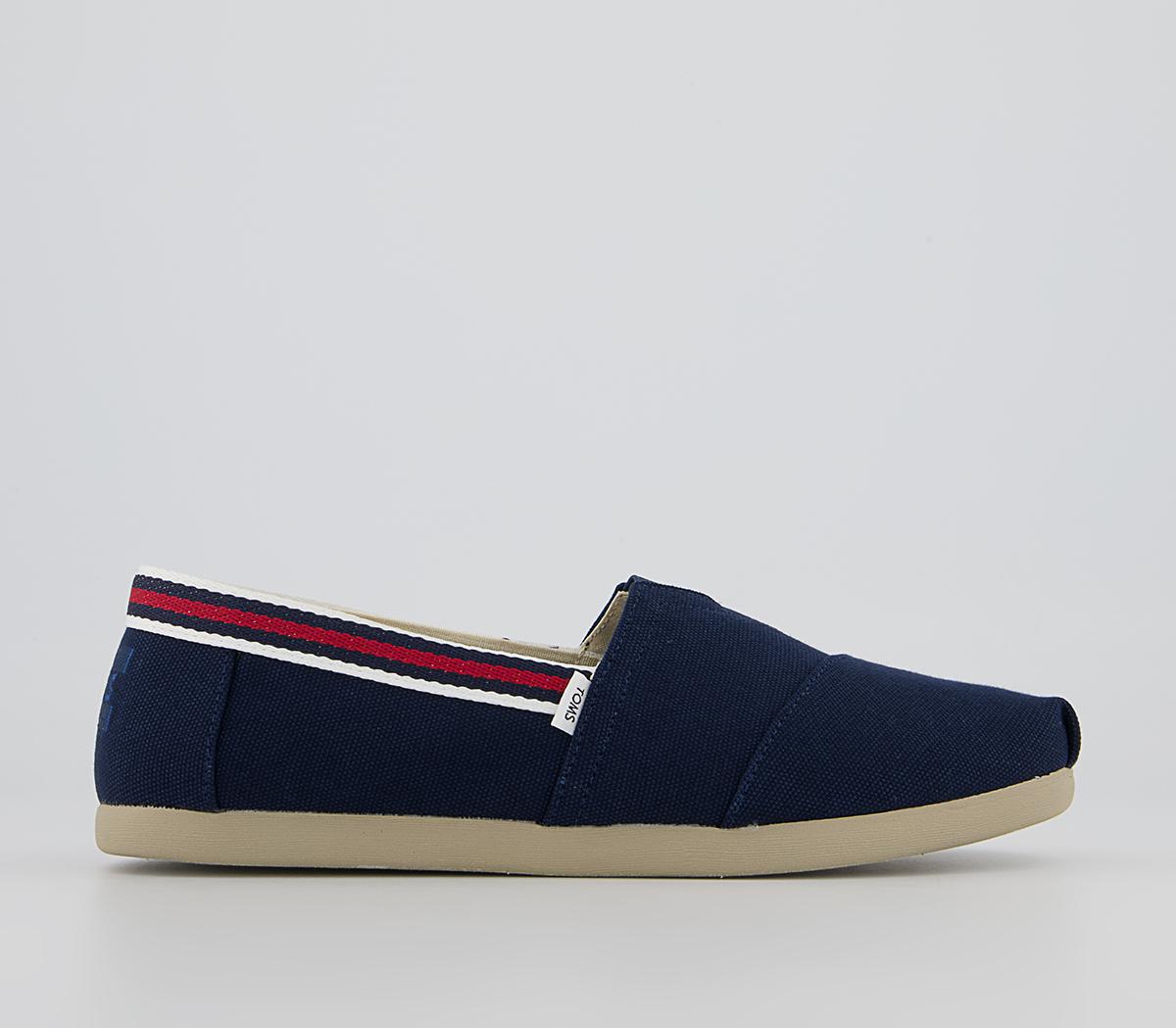 TOMSToms Classic Alpargata Slip Ons TOMSToms Classic Alpargata Slip Ons Navy Canvas Red Trim