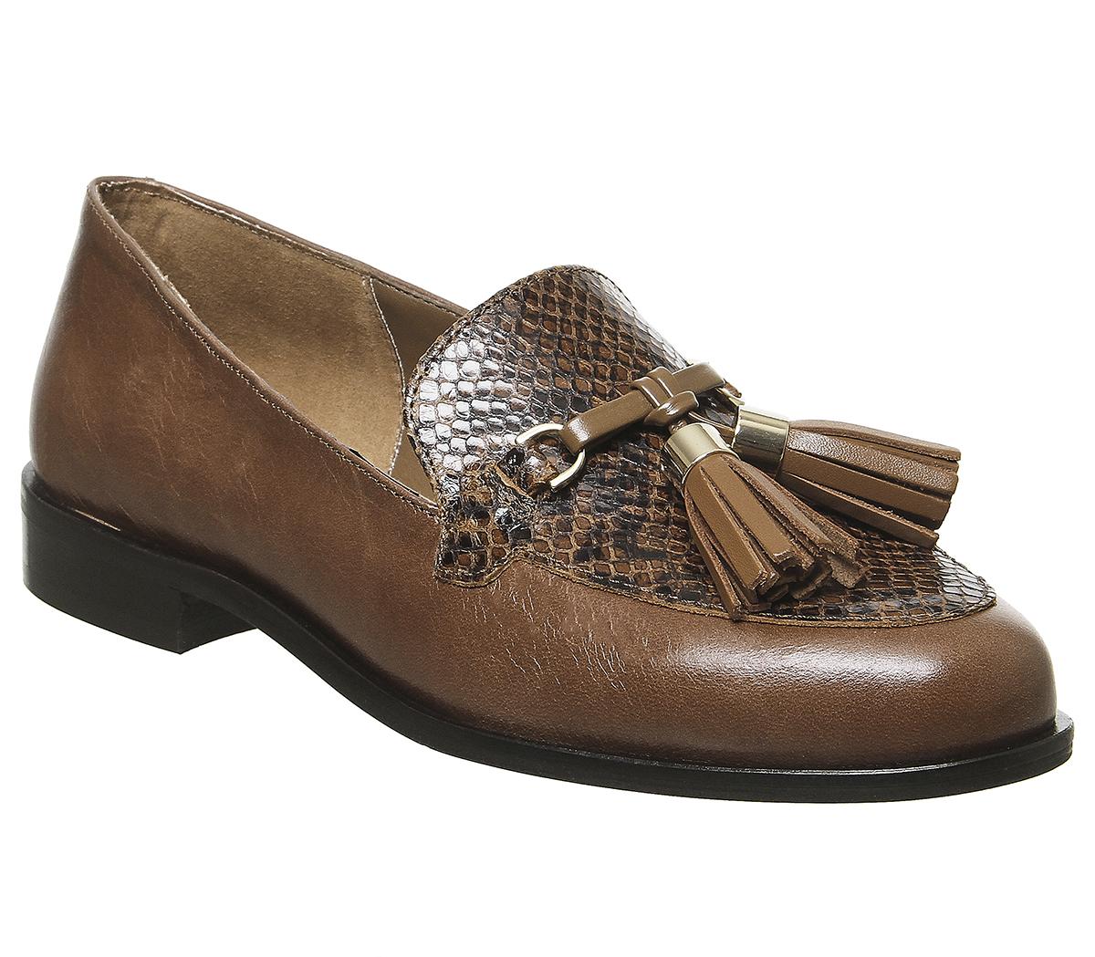 OFFICE Function Tassel Loafers Dark Tan Leather Snake Mix - Women’s Loafers