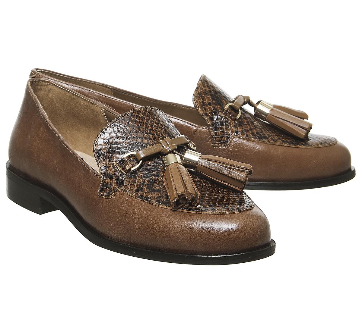 OFFICE Function Tassel Loafers Dark Tan Leather Snake Mix - Women’s Loafers