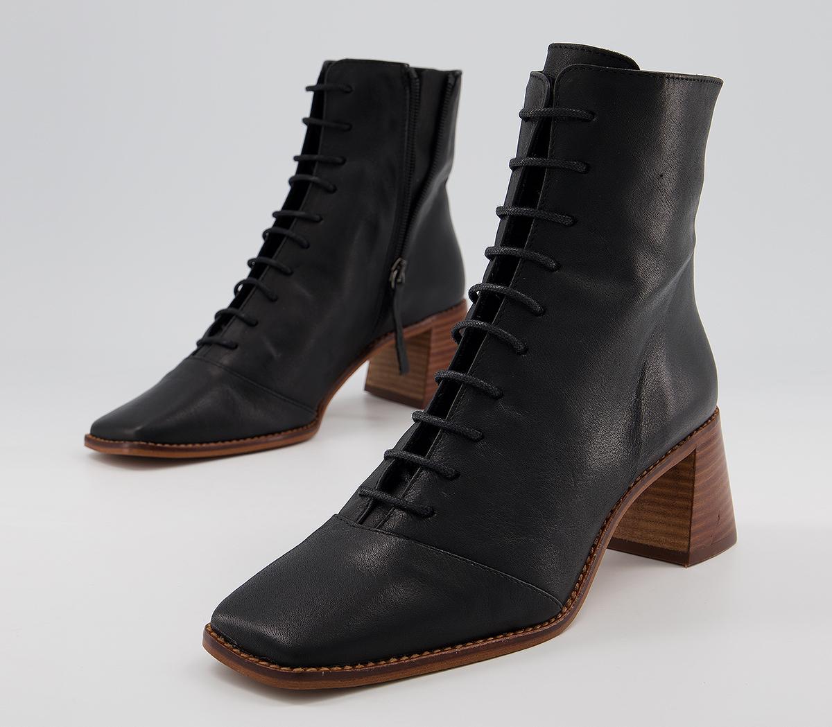 OFFICEAriella Lace Up BootsBlack Leather With Light Stack Heel