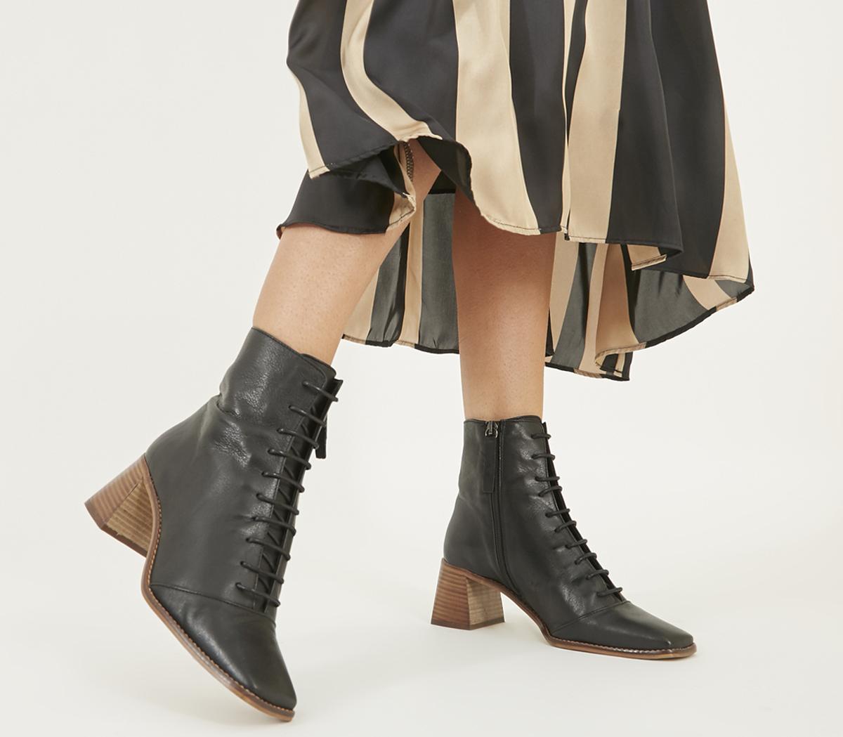 OFFICEAriella Lace Up BootsBlack Leather With Light Stack Heel
