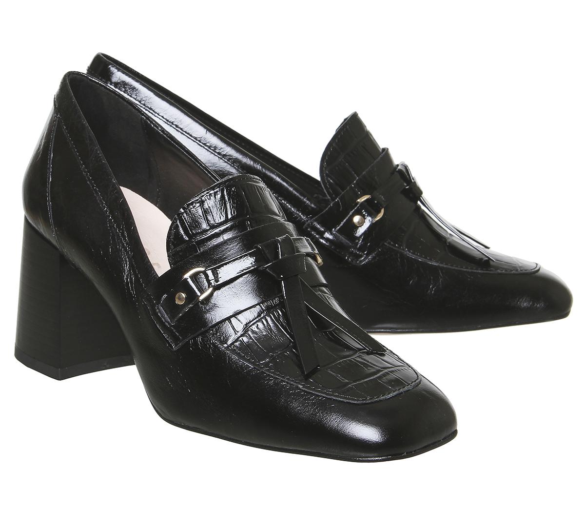 OFFICE Matilda Block Heel Loafer Black Croc Leather Mid Heels