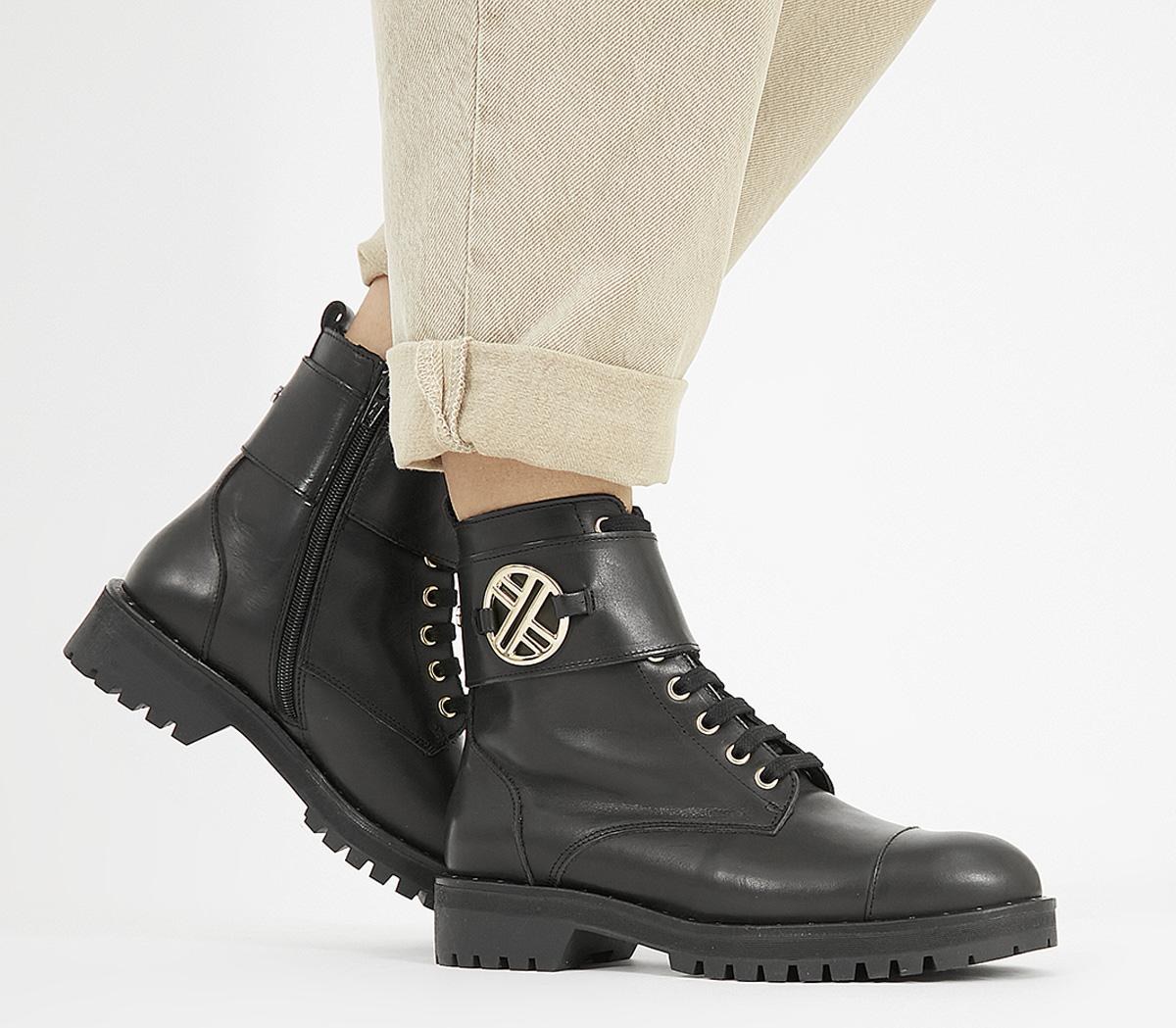 OFFICEAmbiguous Lace Up BootsBlack Leather With Gold Hardware