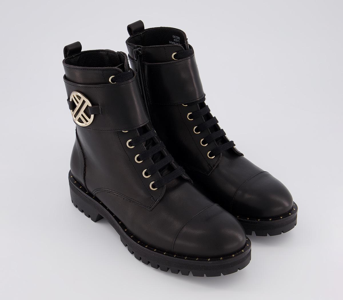 OFFICE Ambiguous Lace Up Boots Black Leather With Gold Hardware Women