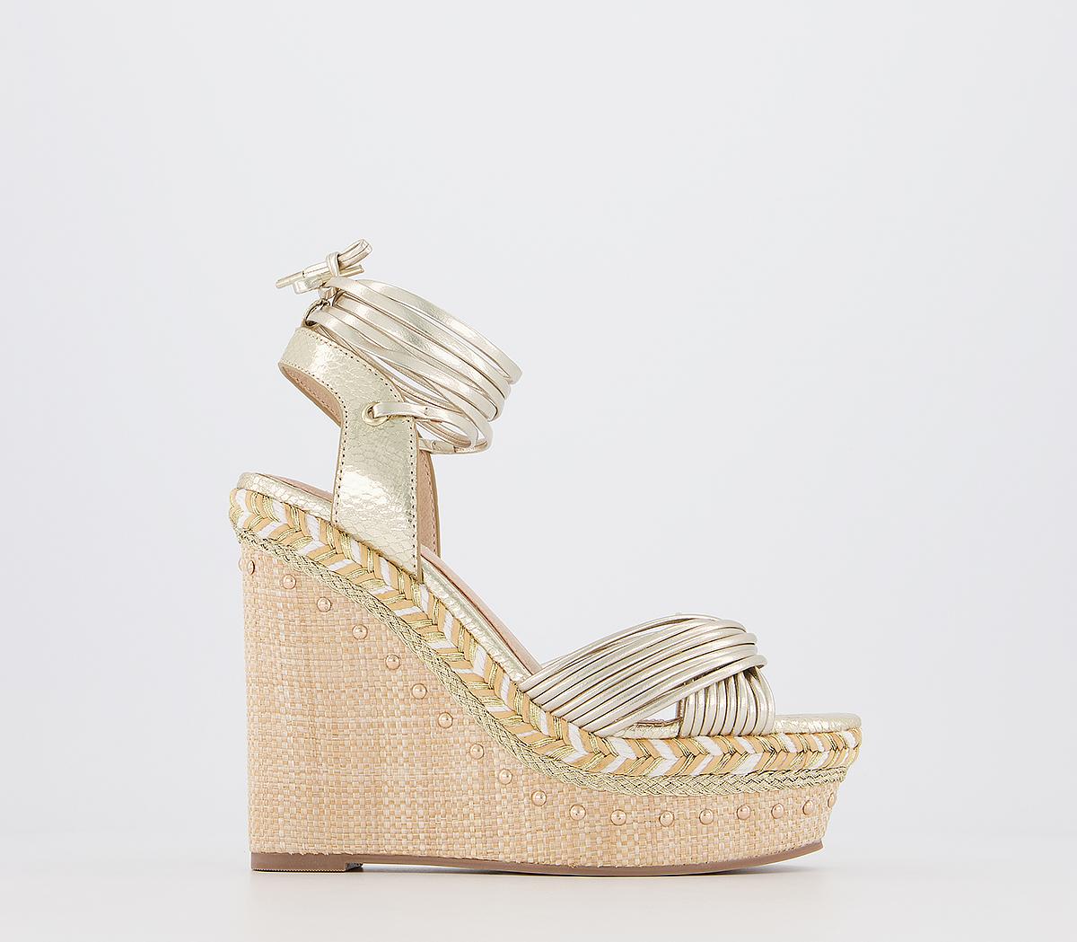 OFFICEHundred Dollar Glam Ankle Tie WedgesGold Snake Mix