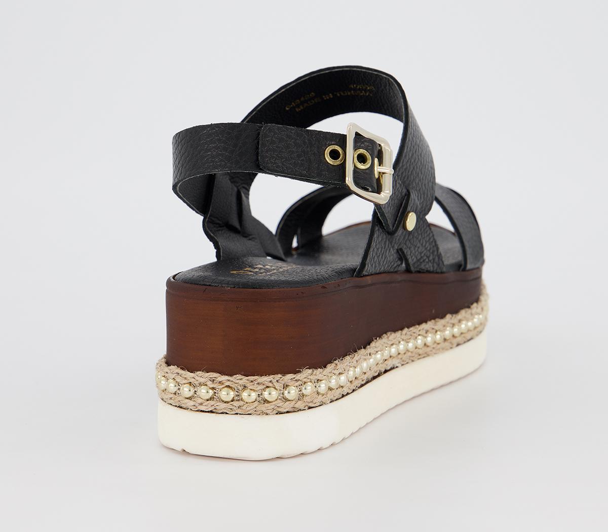 OFFICEMaya Flatform WedgesBlack Leather Gold Studs