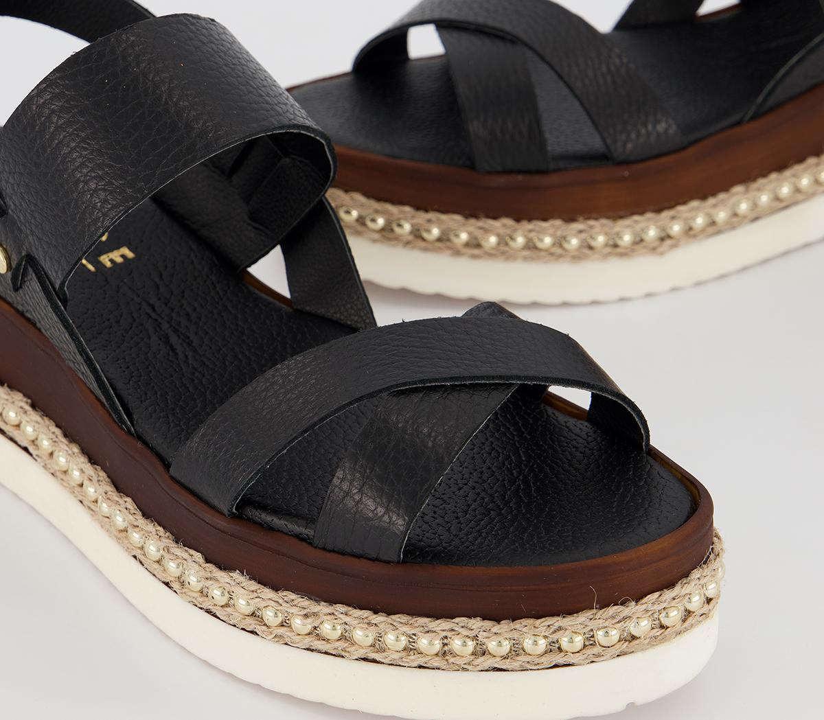 OFFICEMaya Flatform WedgesBlack Leather Gold Studs