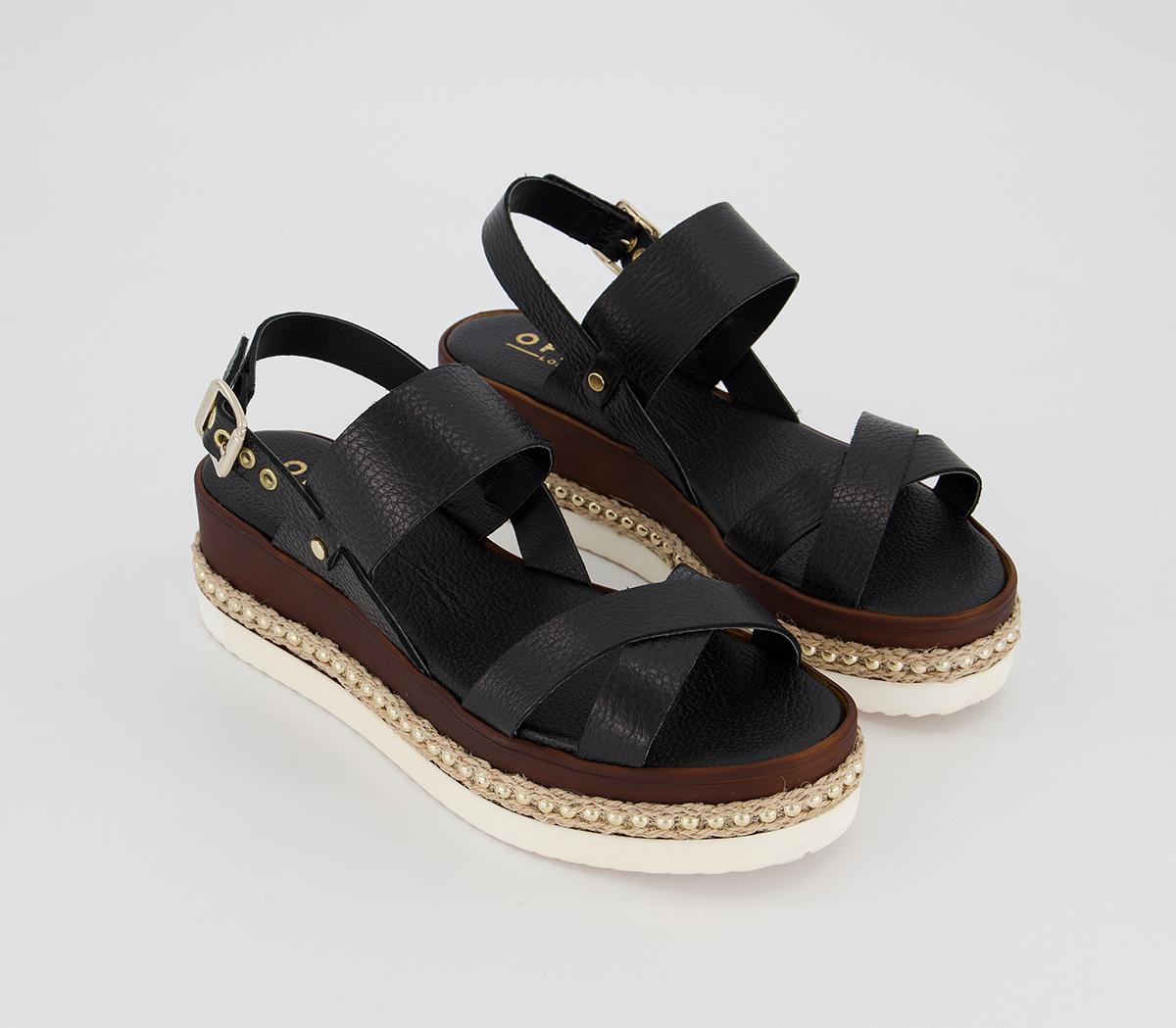 OFFICEMaya Flatform WedgesBlack Leather Gold Studs