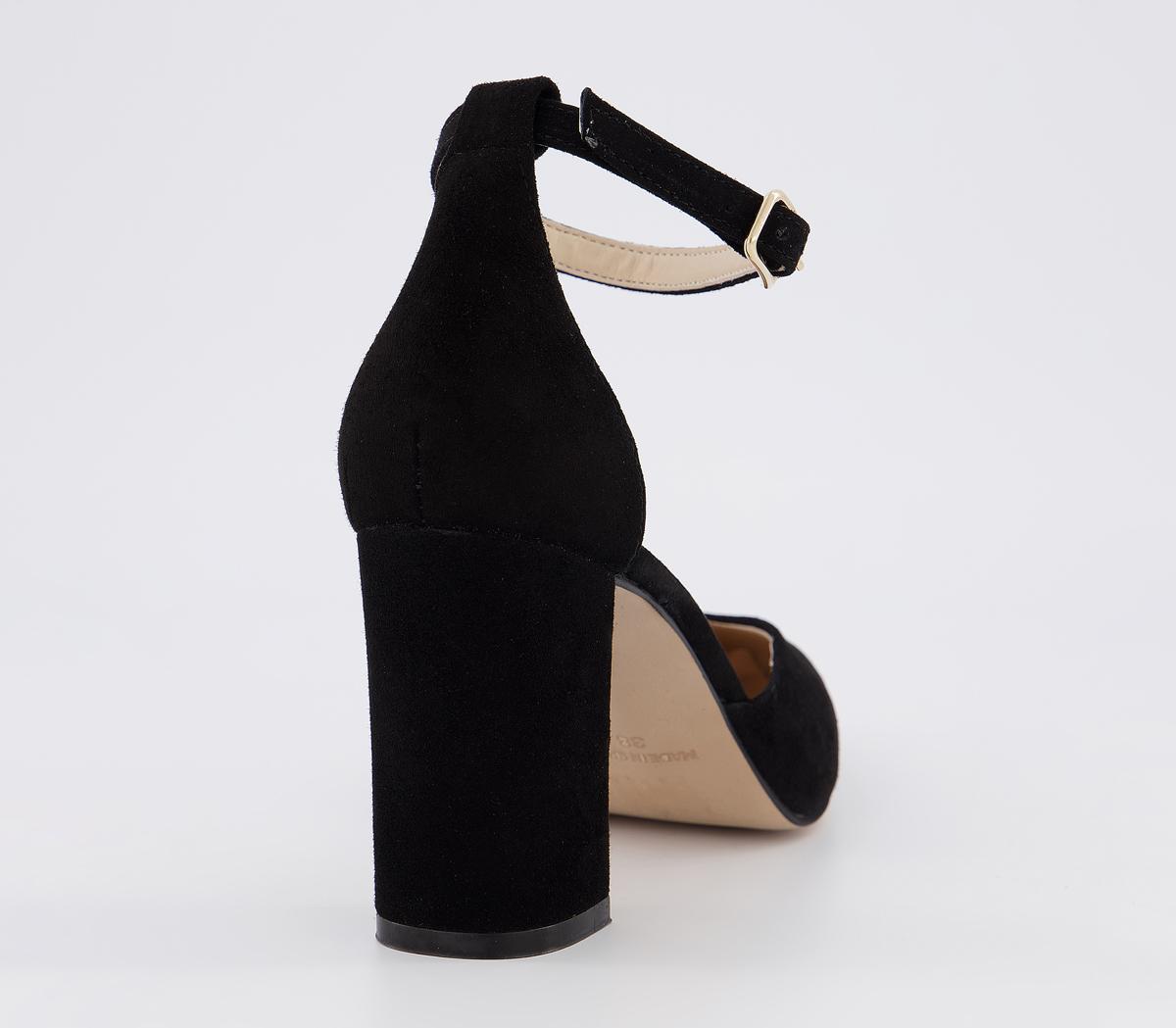 OFFICE Minnie Ankle Strap Court Heels Black Suede Mid Heels