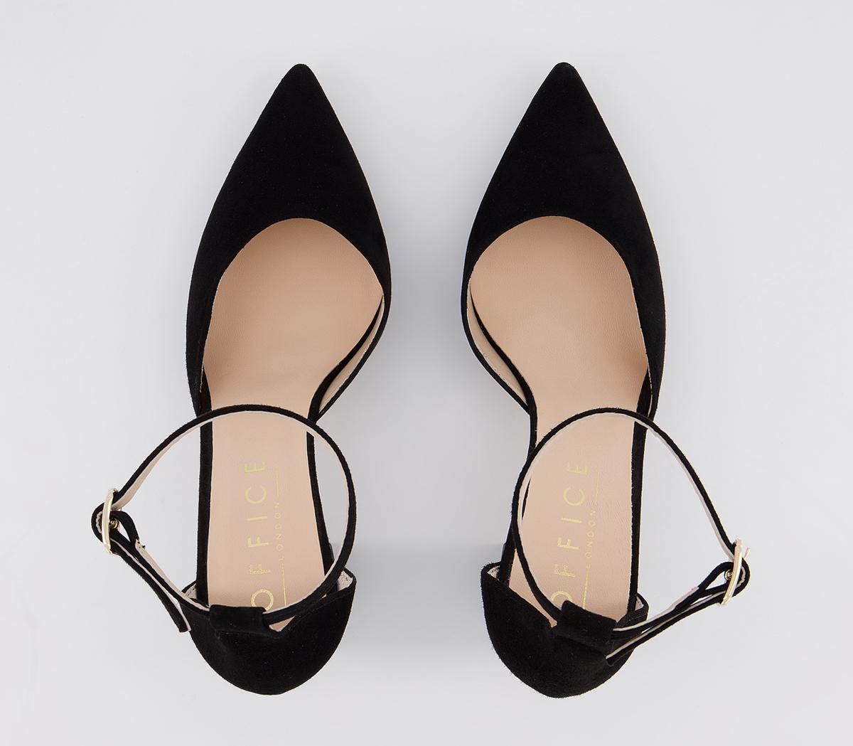 OFFICE Minnie Ankle Strap Court Heels Black Suede Mid Heels